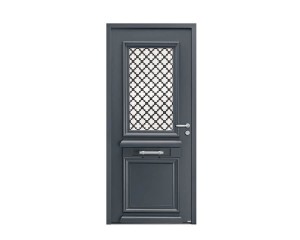 Porte d'entrée Bois et Alu modèle ATHENA Mixte. Vue extérieure.