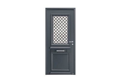 Porte d'entrée Bois et Alu modèle ATHENA Mixte. Vue extérieure.