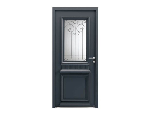 Porte d'entrée Bois et Alu modèle HELIOPLIS Mixte. Vue extérieure.