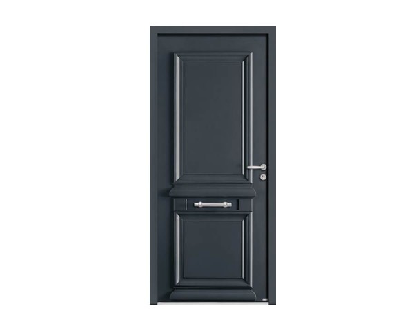 Porte d'entrée Bois et Alu modèle ODYSSEE Mixte. Vue extérieure.