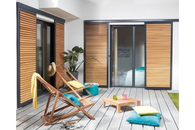 Volet coulissant aluminium et bois ARTEMIS. Vue d'ambiance. Volet coulissant aluminium et bois ARTEMIS. Vue d'ambiance.