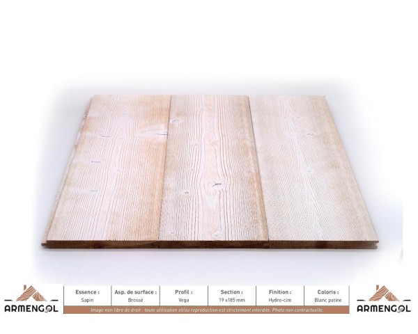 LAMBRIS VEGA SAPIN BROSSÉ HYDRO-CIRE BLANC PATINE - 19 mm x 185 mm