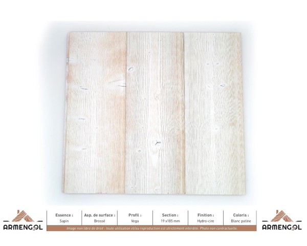 LAMBRIS VEGA SAPIN BROSSÉ HYDRO-CIRE BLANC PATINE - 19 mm x 185 mm