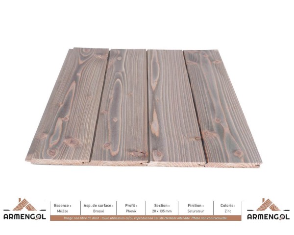 BARDAGE MÉLÈZE BROSSÉ PHENIX SATURATEUR ZINC - 20 mm x 135 mm