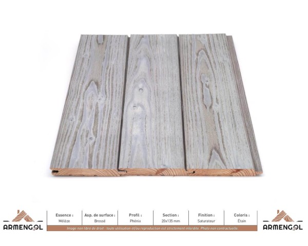 BARDAGE MÉLÈZE BROSSÉ PHENIX SATURATEUR ÉTAIN - 20 mm x 135 mm