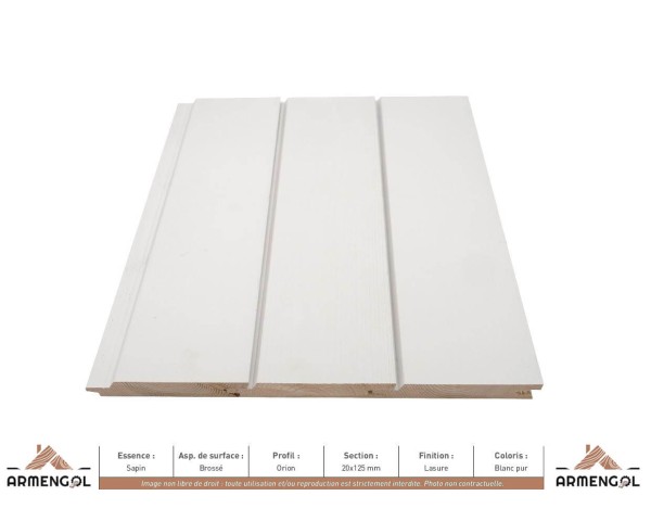BARDAGE SAPIN BROSSÉ ORION LASURE BLANC PUR - 20 mm x 125 mm